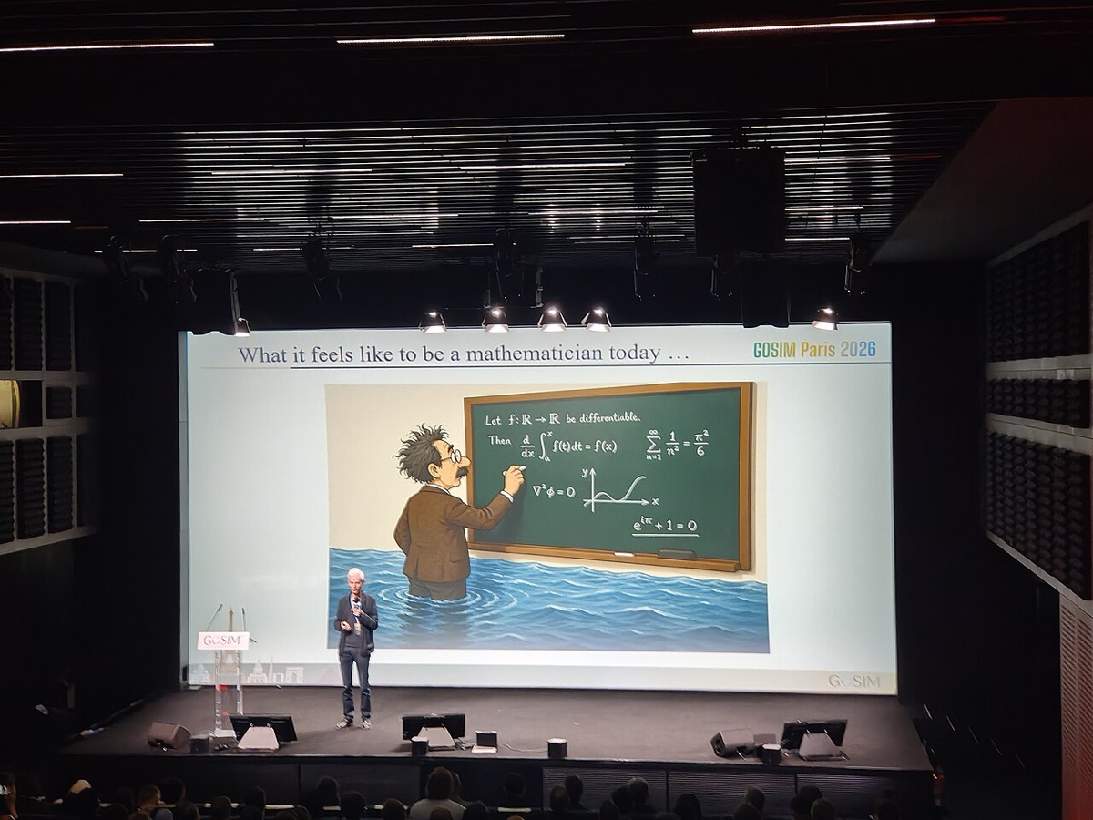 A speaker on a dark stage in front of a large screen showing a cartoon of a mathematician at a chalkboard standing waist-deep in water