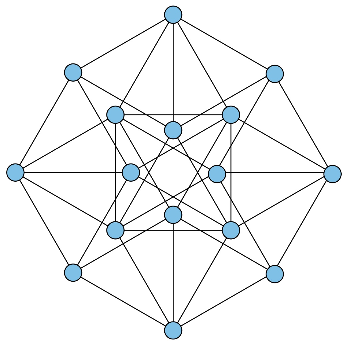 Sixteen blue dots joined by forty black line segments of equal length, arranged in a symmetric star-like pattern