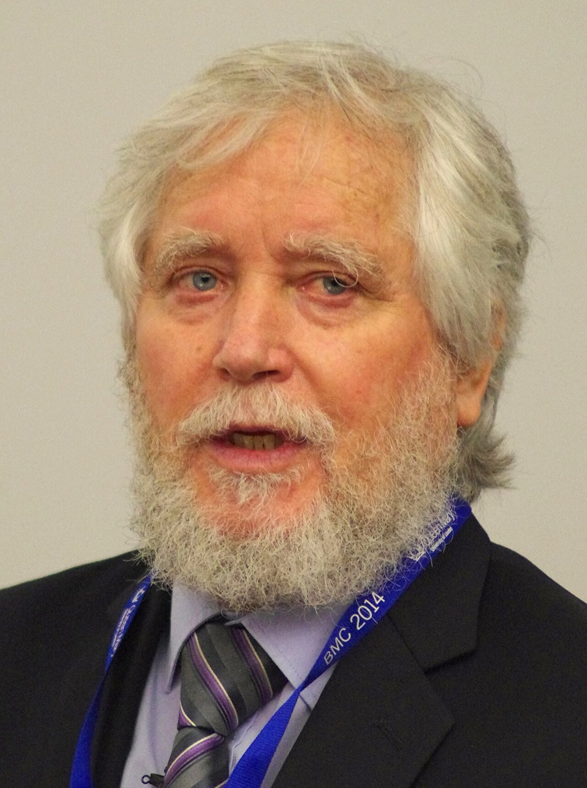 Endre Szemerédi, an older man with white hair and a beard, speaking at a lectern