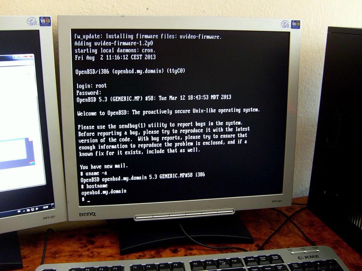 An OpenBSD 5.3 text console on a monitor, showing a root login and the system welcome message