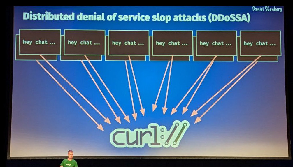Daniel Stenberg presenting on stage at Open Source Summit Europe in front of a slide about AI-generated slop reports