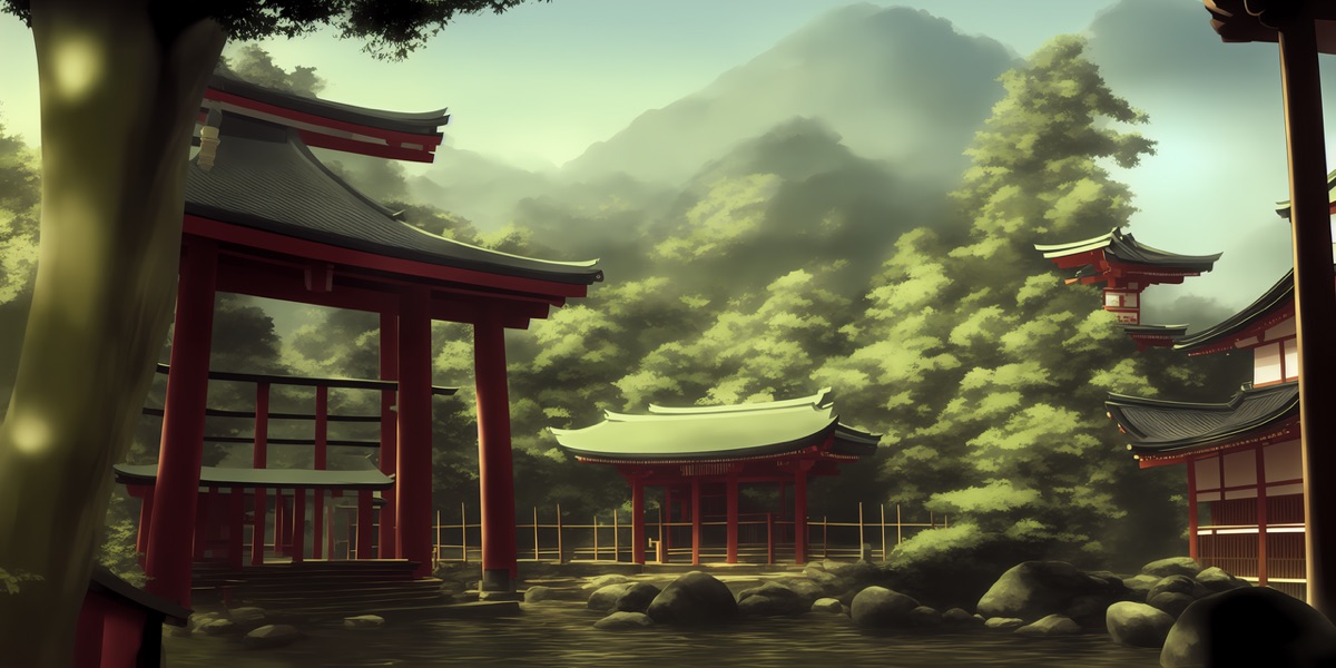 An AI-generated landscape of a forest with red Shinto shrine buildings, a torii gate and mist-covered mountains