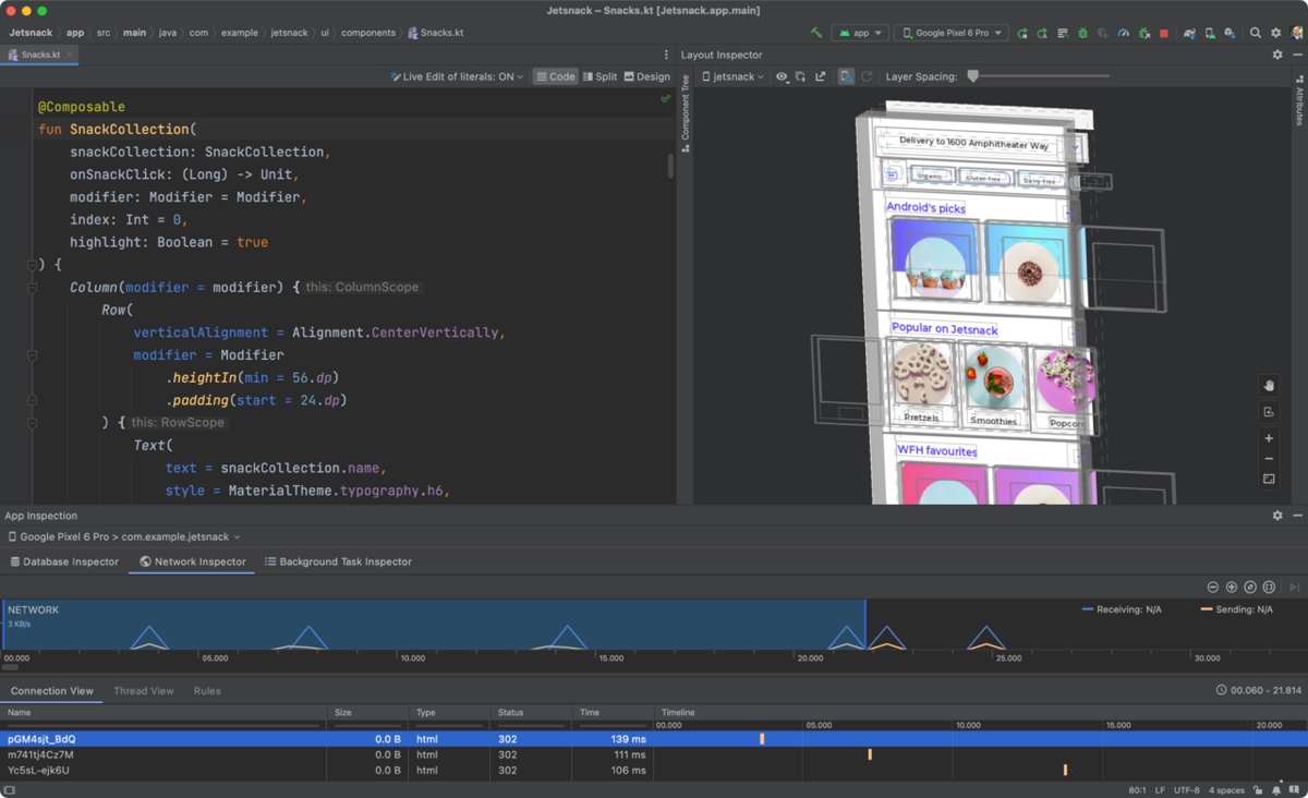 An Android Studio window showing Kotlin code on the left, a 3D layout inspector of a food app in the middle, and a network inspector timeline below