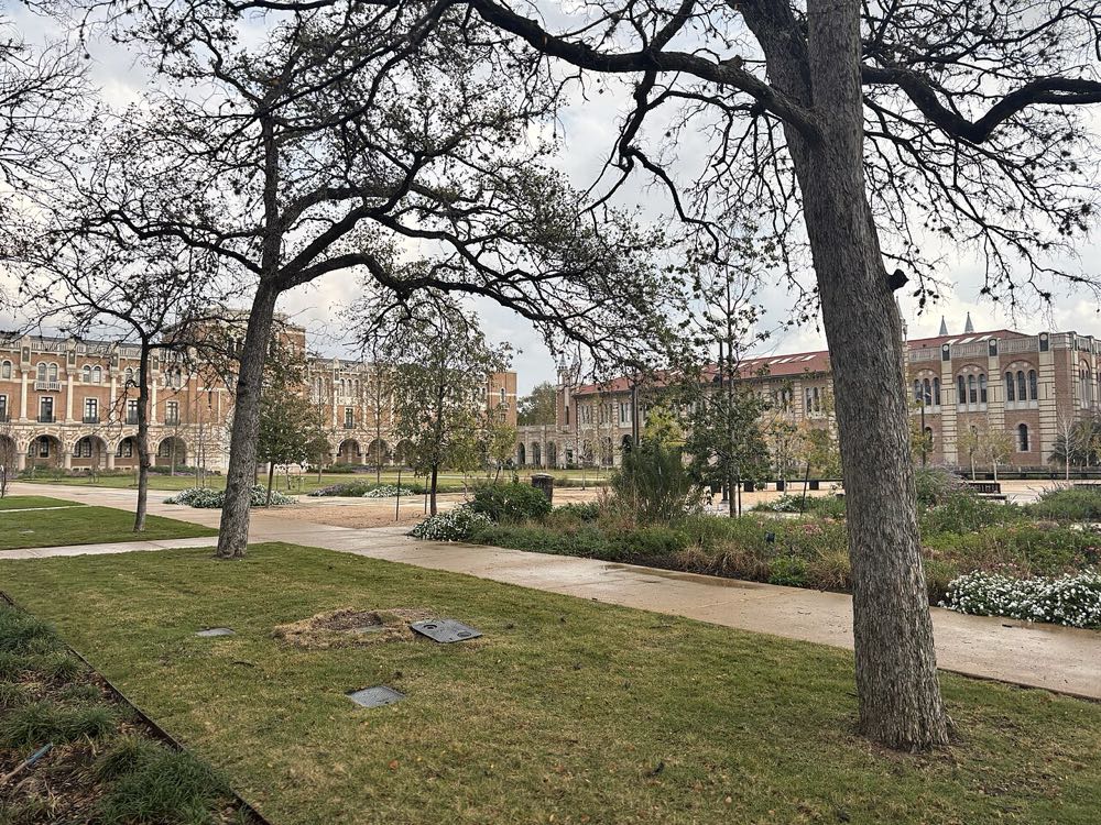 A view of the Rice University campus in Houston: lawns and trees in front of arcaded buildings of tan brick and stone