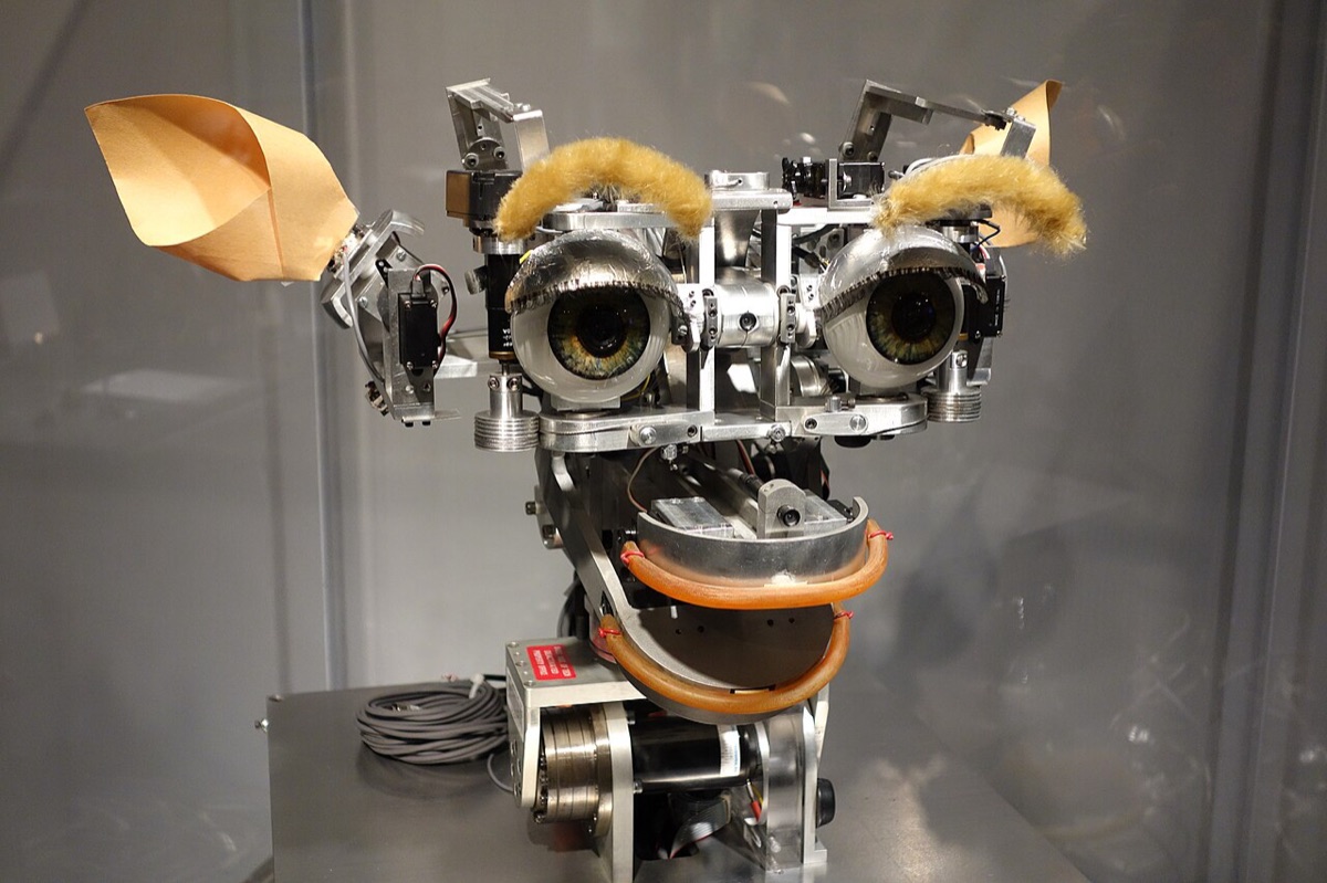 A mechanical robot head with large glass eyes, furry eyebrows, paper ears and red rubber lips, displayed in a glass case