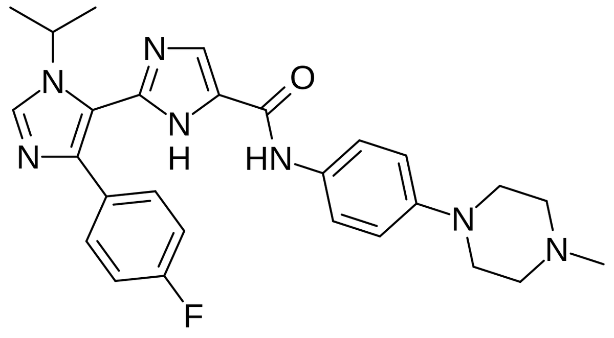 Skeletal chemical structure of rentosertib: two linked imidazole rings, a fluorophenyl group, and an amide joined to a phenyl-methylpiperazine group