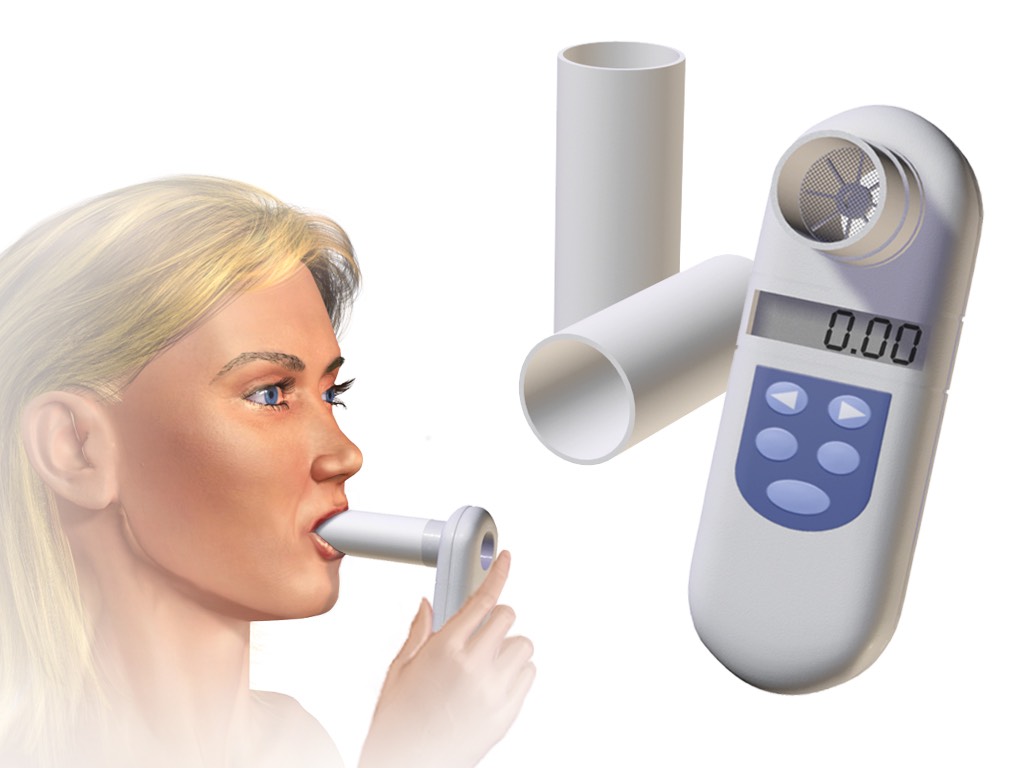 Illustration of a woman blowing into a handheld spirometer, with a close-up of the device and its mouthpiece tubes