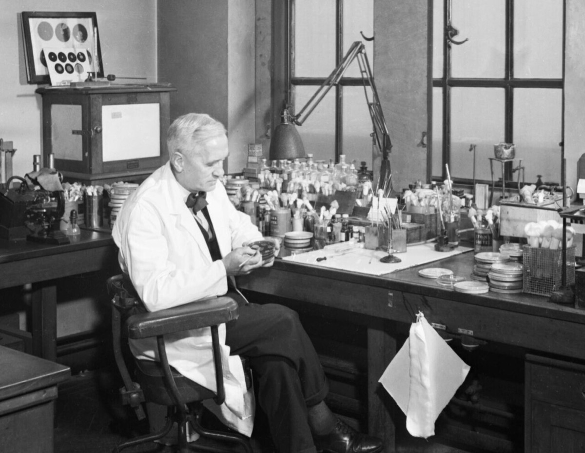 Alexander Fleming seated at a cluttered laboratory bench, examining a culture dish