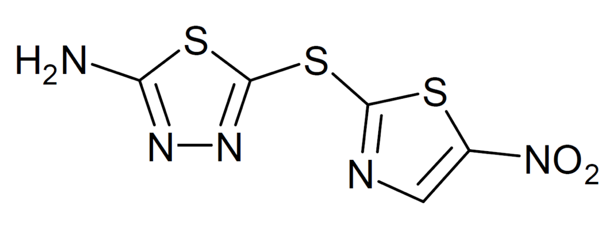 Chemical structure diagram of halicin, showing two linked rings with amino and nitro groups