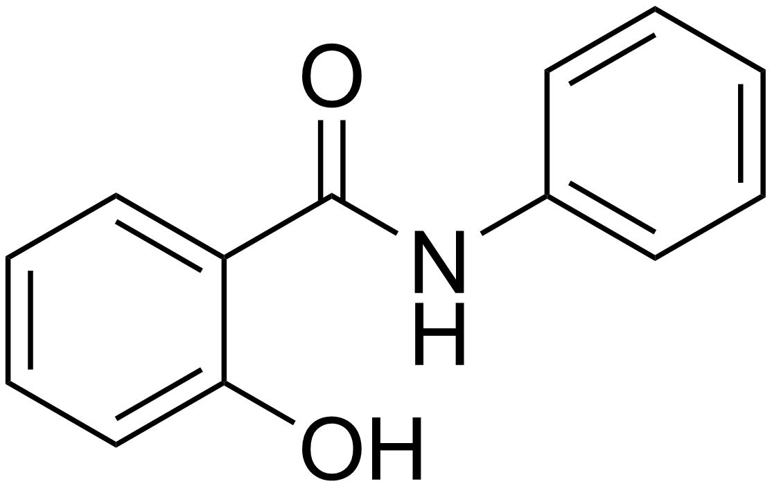 Chemical structure diagram of salicylanilide, two rings joined by an amide group with a hydroxyl substituent