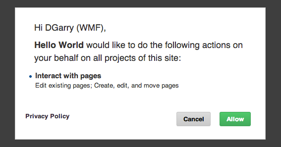 A dialog box asking the user to allow a tool called Hello World to edit pages on their behalf, with Cancel and Allow buttons
