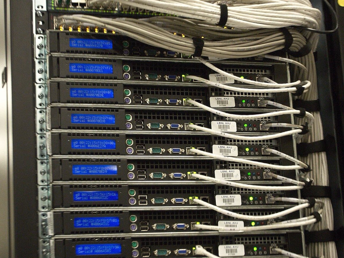 Close-up of the rear of a server rack with blue LED screens and white Ethernet cables plugged into each server